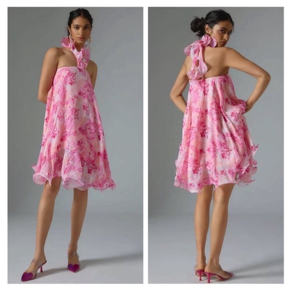 Anthropologie Mandira Wirk Dress Halter Swing Mini in Pink Floral - Picture 2 of 9